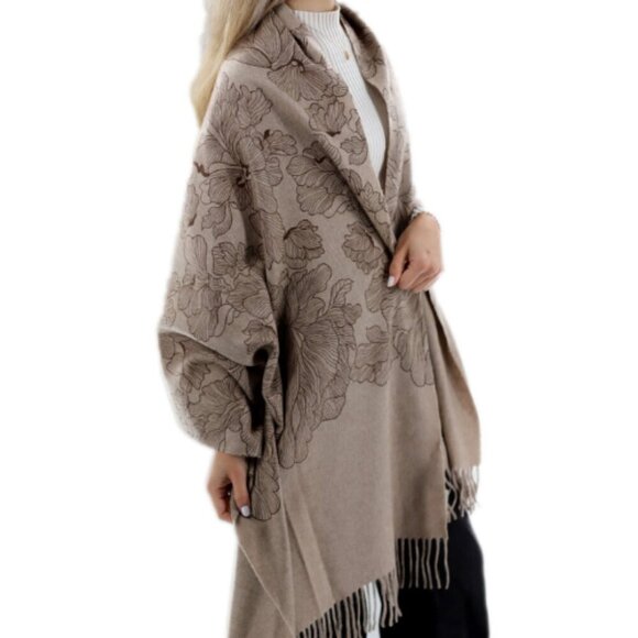 La Fiorentina Women's Beige Floral Print Cashmere Wrap One Size Fits Most - Picture 2 of 9